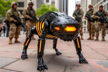 Obraz premium A realistic robot dog being deployed from a futuristic military vehicle, surrounded by soldiers in high-tech armor
