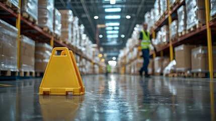 Safety Sign in a Warehouse with Boxes and Pallets
