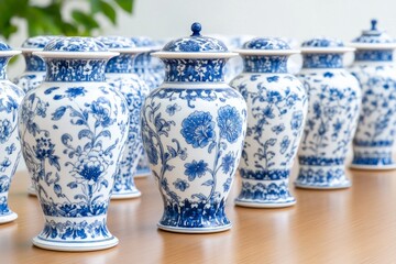 A refined porcelain vase showcasing intricate blue and white designs, with rack focus shifting from its ornate floral patterns to a softly blurred array of additional porcelain works