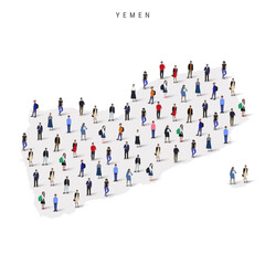 Yemen population map. Large group of realistic a diverse crowd of people figures in a shape of Yemeni map. Flat vector illustration isolated on white.