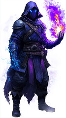 Fototapeta premium Dark hooded mage wielding glowing magic flames and lightning in a fantasy illustration