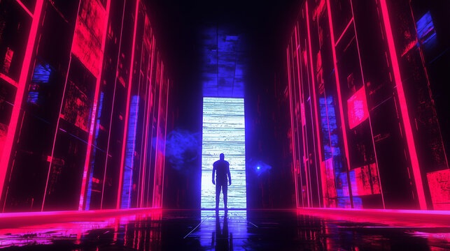 Futuristic neon-lit hallway with silhouetted figure, glowing digital panels, and vibrant cyberpunk atmosphere