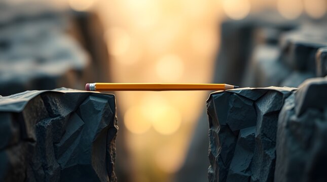 a pencil bridge connecting two cliffs, concept of overcome difficulties, space for copy