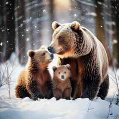 Obraz premium Heartwarming Winter Scene of a Bear Family
