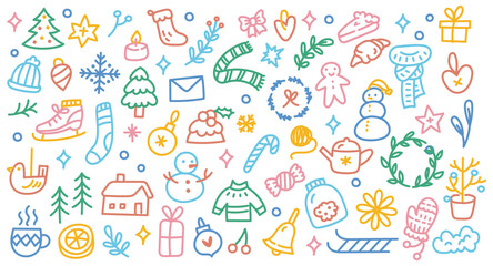 Playful Hand-Drawn Christmas Doodle Set | Festive Colorful Holiday Illustrations Featuring Santa, Snowman, Gifts, and More