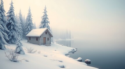 serene wooden cabin perched on the edge of a frozen lake, encircled by frosty pine trees under a tranquil winter morning mist. Perfect for seasonal designs, travel brochures, and winter-themed promoti