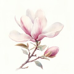 Fototapeta premium Watercolor painting of magnolia blossom and bud.