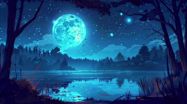 Serene lake surrounded by lush forest under glowing full moon at night  
Seamless looping 4k time-lapse virtual video animation Generated AI