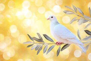 Fototapeta premium A vibrant 3D illustration of a dove perched on a glowing olive branch, surrounded by a tranquil golden aura