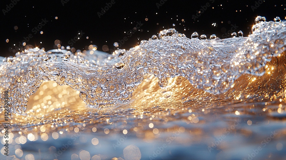 Poster A close-up of dew drops clinging to a spiderweb creating a sparkling effect under morning light Stock Photo with side copy space