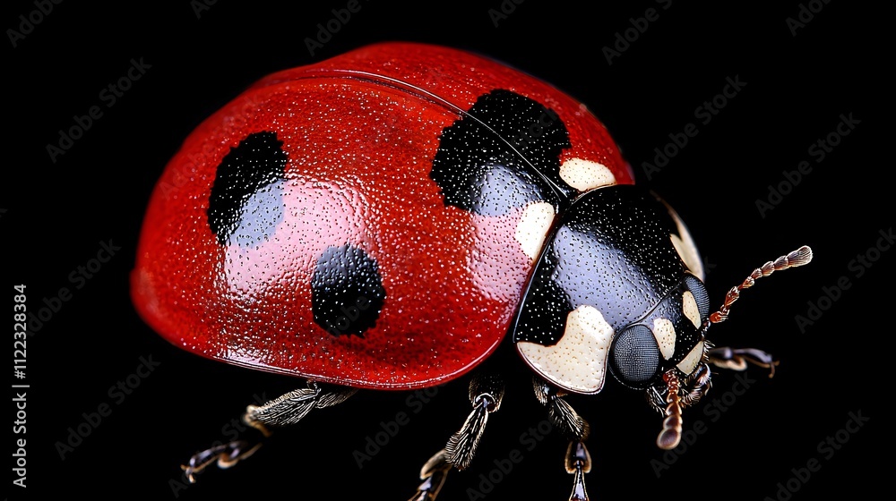 Poster a detailed macro shot of a ladybugs shell revealing its vivid red hue and black spots stock photo wi