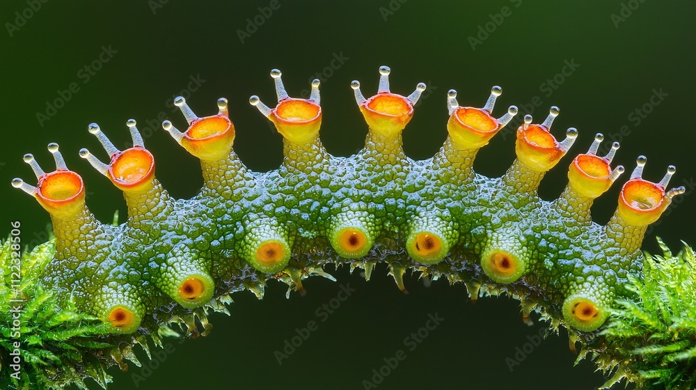 Poster A macro capture of a snails antennae as it explores a moss-covered surface Stock Photo with side copy space