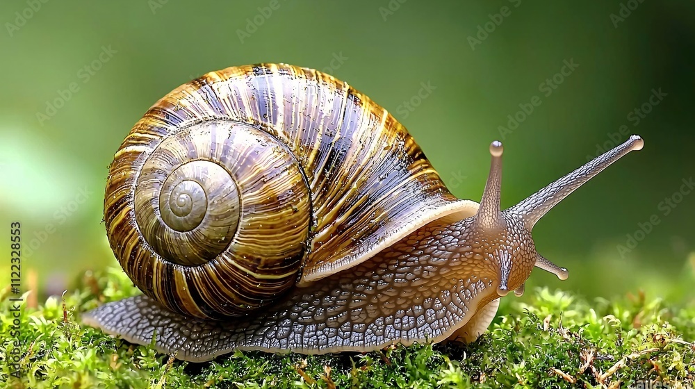 Aufkleber a macro capture of a snails antennae as it explores a moss-covered surface stock photo with side cop