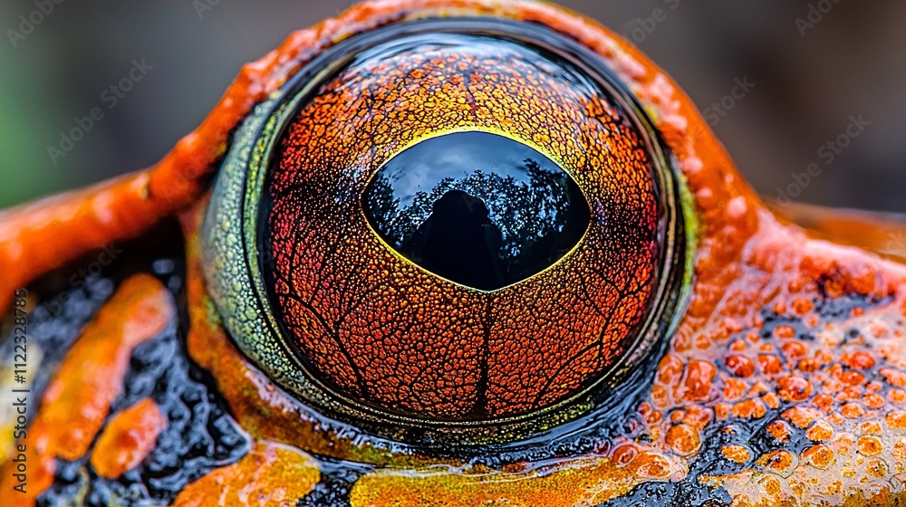 Poster a vibrant capture of a frogs eye reflecting its lush surroundings in intricate detail stock photo wi