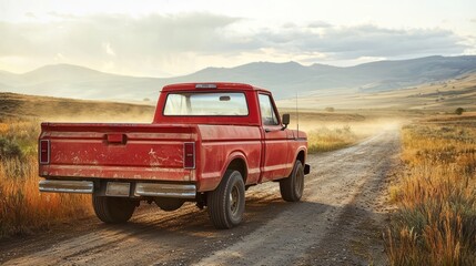 Rustic Red Truck on Dusty Road in Scenic Landscape