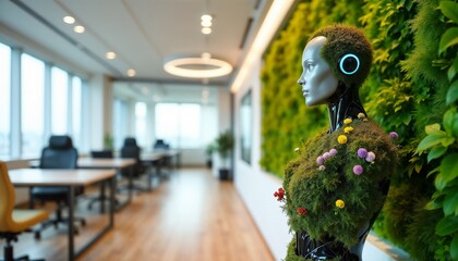 Fototapeta premium A humanoid robot covered in greenery stands in a contemporary office space, blending technology and nature. The image highlights the harmonious integration of robotics and organic elements in a workpl