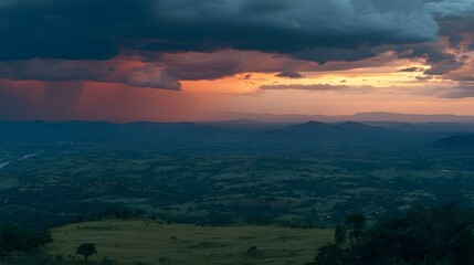 Fototapeta premium Dramatic sunset over rolling hills and valleys, rain clouds, vibrant colors.