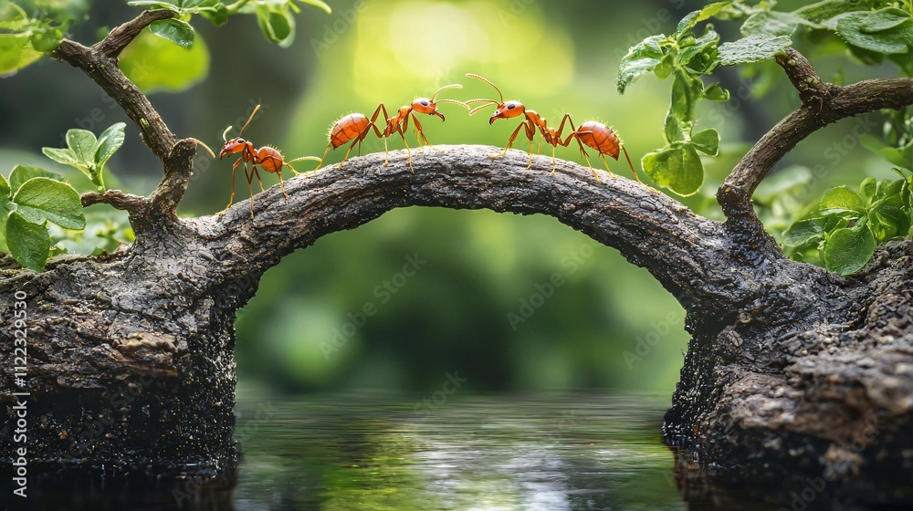 Aufkleber A glimpse into the world of ants as they work collectively to construct a tiny bridge Stock Photo with side copy space