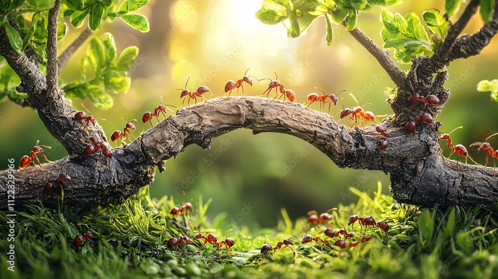 Poster A glimpse into the world of ants as they work collectively to construct a tiny bridge Stock Photo with side copy space