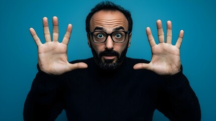 Obraz premium Surprised man with hands up against a blue background. Perfect for websites, blogs, and social media.