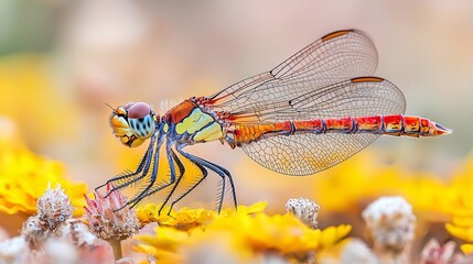 A close capture of a dragonflys body highlighting its intricate segments and vibrant colors Stock Photo with side copy space