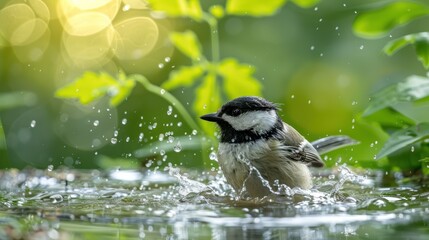 Obraz premium Small bird bathing in a shallow pool of water, splashing droplets.