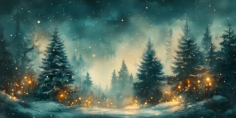 Magical Forest with Christmas trees and shining lights Watercolor Abstract in the style of Christmas cards