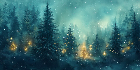 Magical Forest with Christmas trees and shining lights Watercolor Abstract in the style of Christmas cards