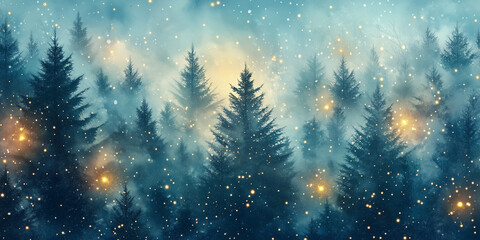 Magical Forest with Christmas trees and shining lights Watercolor Abstract in the style of Christmas cards