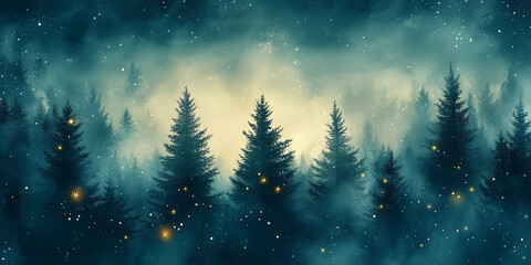 Magical Forest with Christmas trees and shining lights Watercolor Abstract in the style of Christmas cards