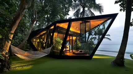 Luxurious beachfront villa with hammock, illuminated at dusk.  Escape to paradise!