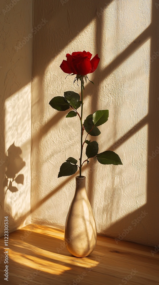 Poster a minimalist vase holding a single rose in a calm and bright space stock photo with side copy space