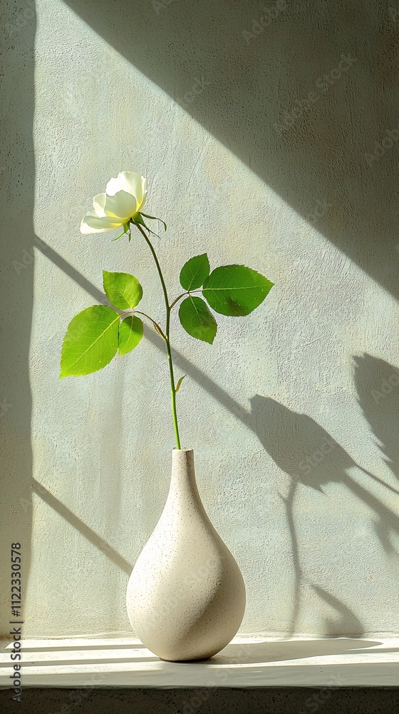 Poster a minimalist vase holding a single rose in a calm and bright space stock photo with side copy space