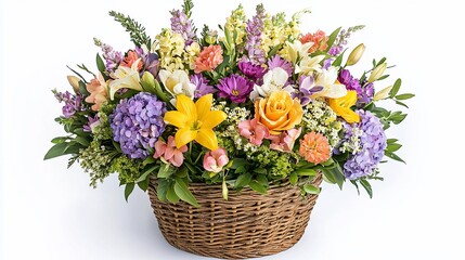 Vibrant spring flower arrangement in a woven basket.