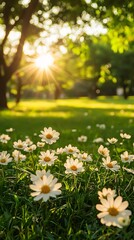 Fototapeta premium A peaceful meadow filled with daisies under the soft glow of a setting sun Stock Photo with side copy space