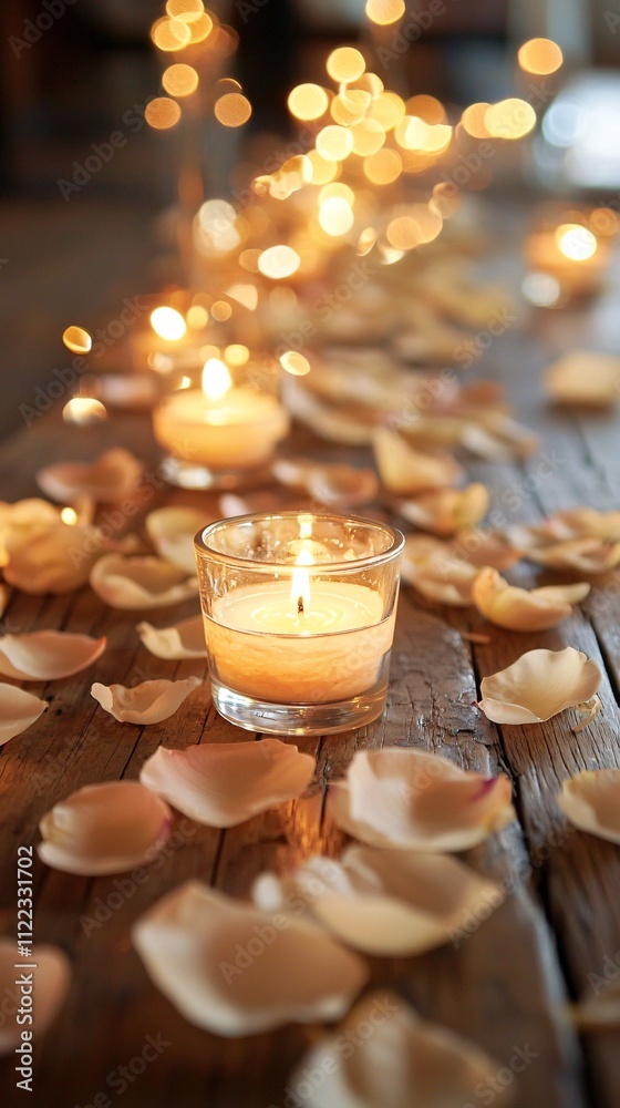 Aufkleber a delicate arrangement of petals and candles creating a serene ambiance stock photo with side copy s