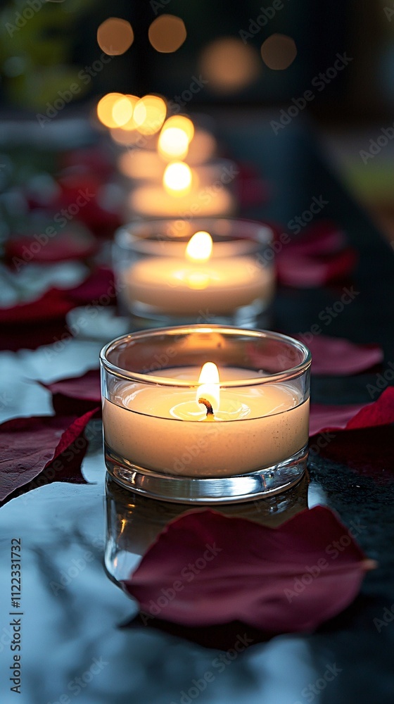 Aufkleber a delicate arrangement of petals and candles creating a serene ambiance stock photo with side copy s