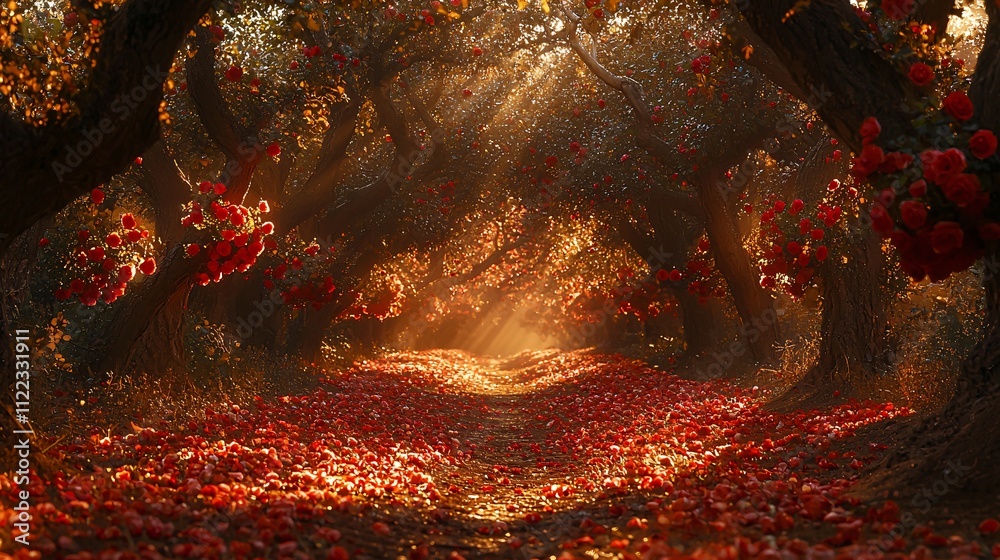 Aufkleber a tranquil garden path lined with blooming roses and shaded by tall oak trees stock photo with side 