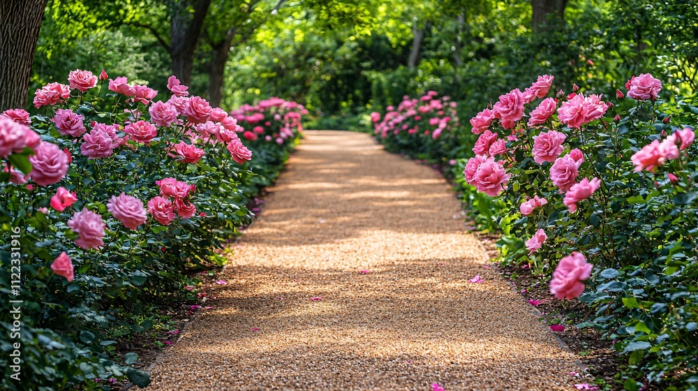 Aufkleber a tranquil garden path lined with blooming roses and shaded by tall oak trees stock photo with side 