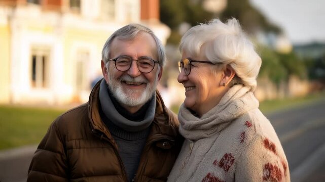 photo of a funny couple of 80 year old people happy, smiling, they are standing
