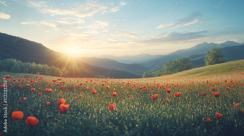 Poster a scenic field of poppies swaying gently under a calming breeze at sunset stock photo with side copy