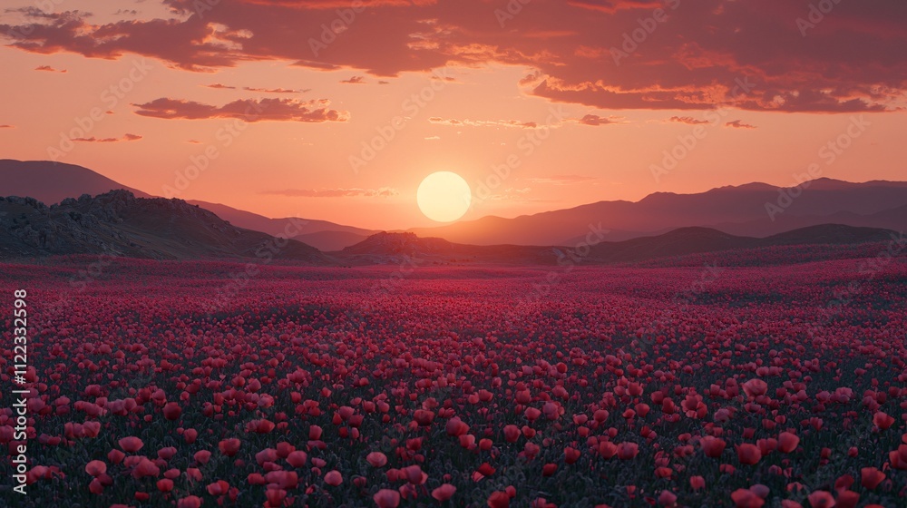 Poster a scenic field of poppies swaying gently under a calming breeze at sunset stock photo with side copy