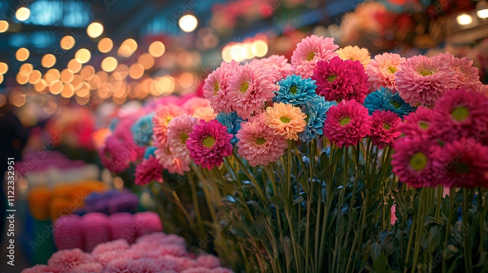 Poster A colorful display of seasonal flowers in a market with a backdrop of charming architecture Stock Photo with side copy space