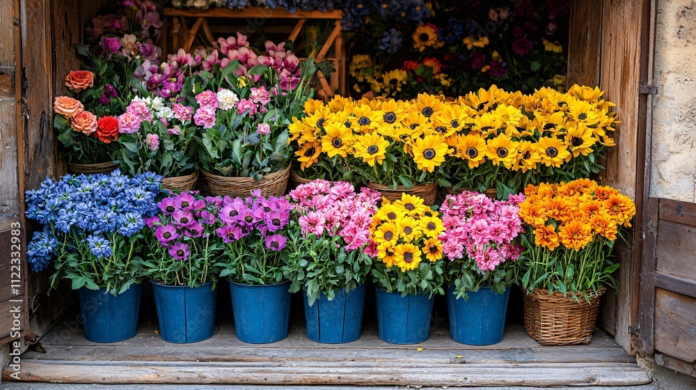 Poster a colorful display of seasonal flowers in a market with a backdrop of charming architecture stock ph