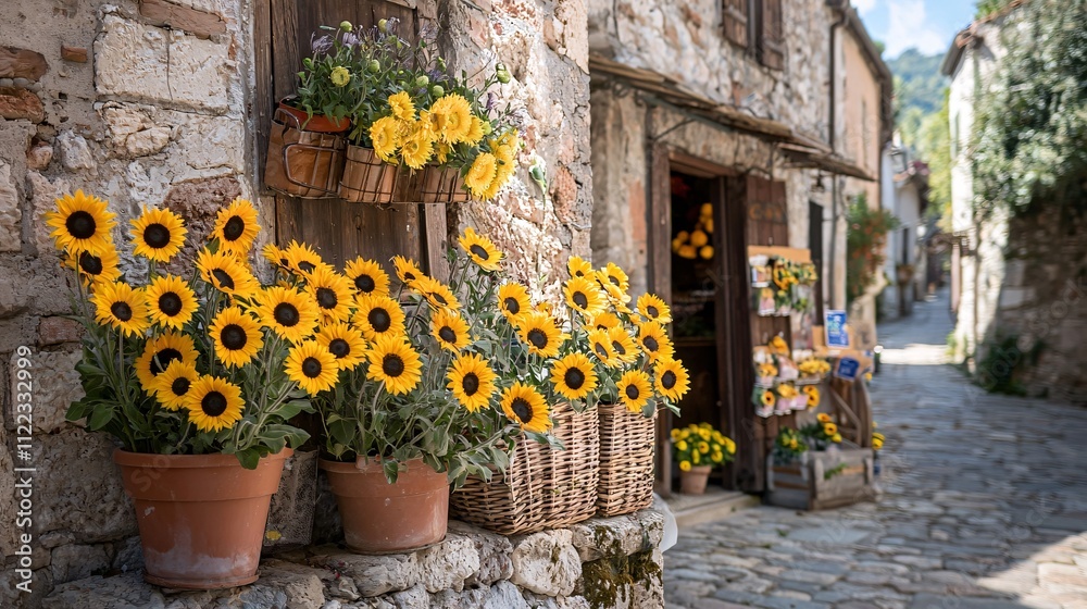 Poster a colorful display of seasonal flowers in a market with a backdrop of charming architecture stock ph