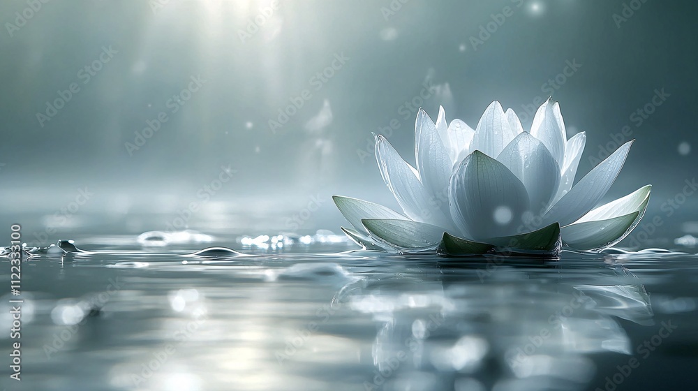 Poster a detailed view of a lotus flower floating gracefully on a calm water surface stock photo with side 