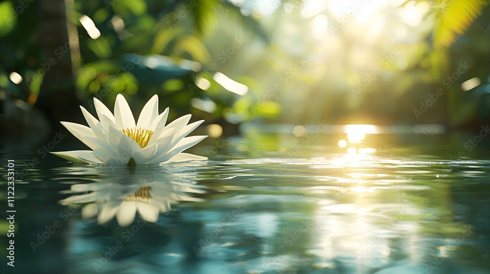 Poster a detailed view of a lotus flower floating gracefully on a calm water surface stock photo with side 