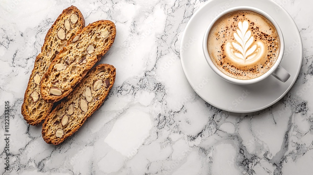 Poster an elegant pairing of a macchiato with almond biscotti set on a marble countertop stock photo with s