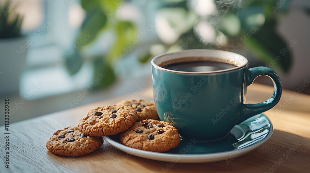 Poster a hearty breakfast display with freshly baked cookies and a mug of steaming black coffee stock photo