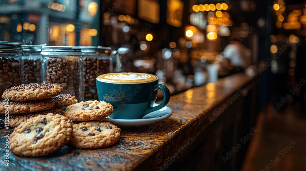 Poster an inviting cafe counter with artisanal cookies and a barista-prepared flat white stock photo with s